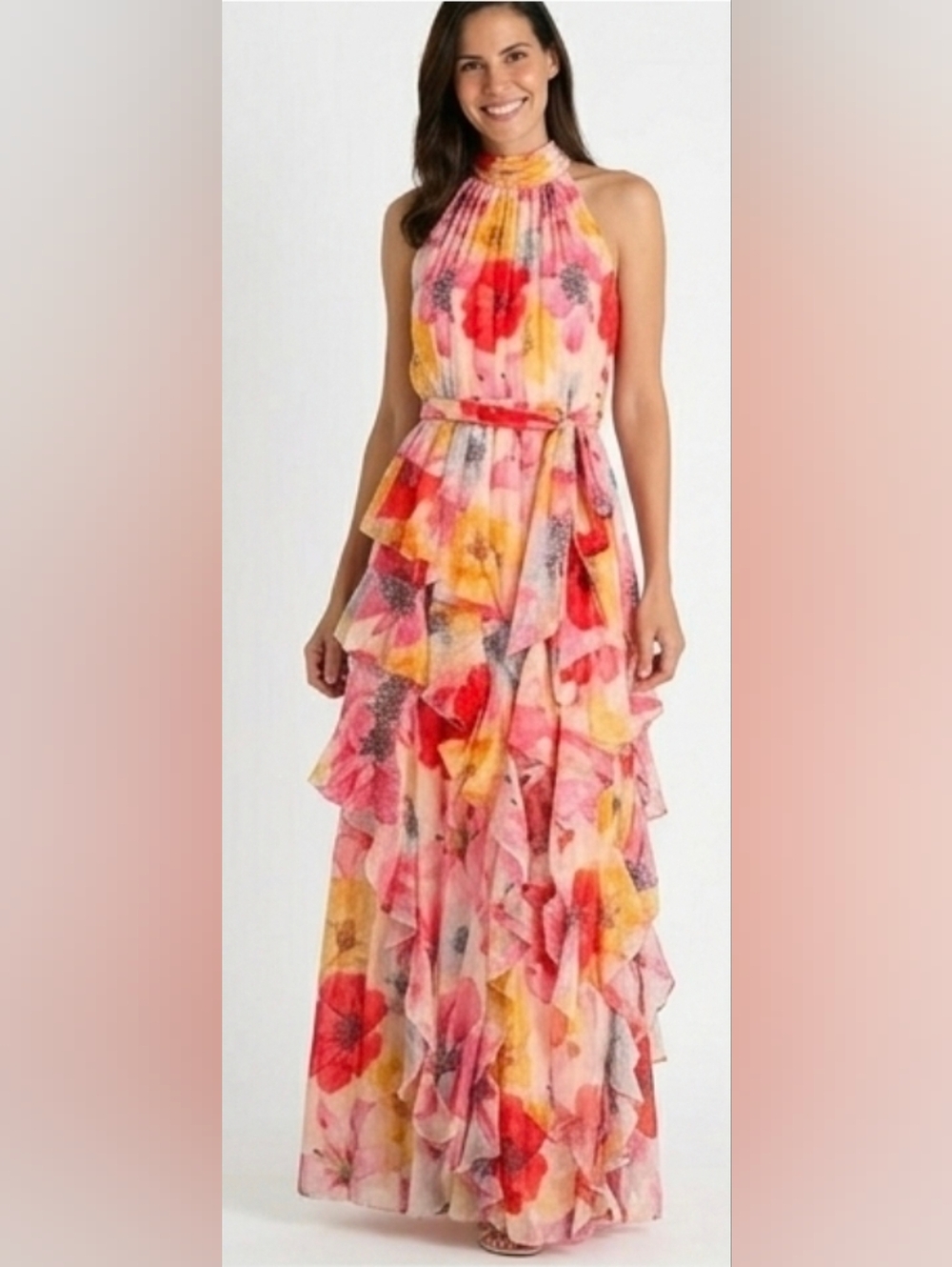 NWT Alex Marie  Floral Ruffle Neck Halted Tiered Pink Maxi Dress Size 6